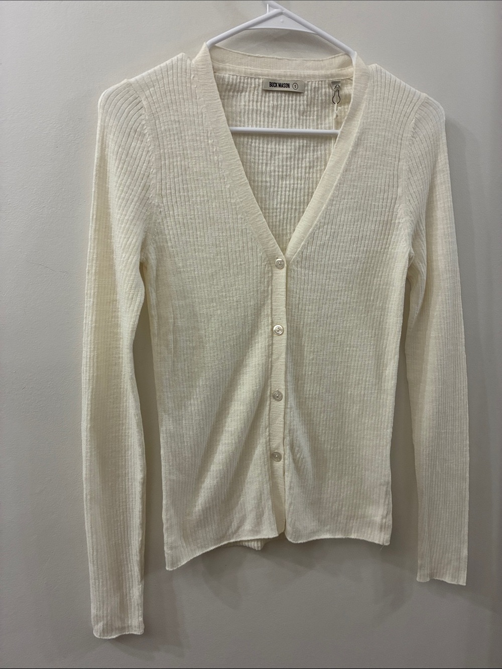 Buck Mason NWT - Soft white coastal linen Ribbed V-Neck Cardigan Sweater - S